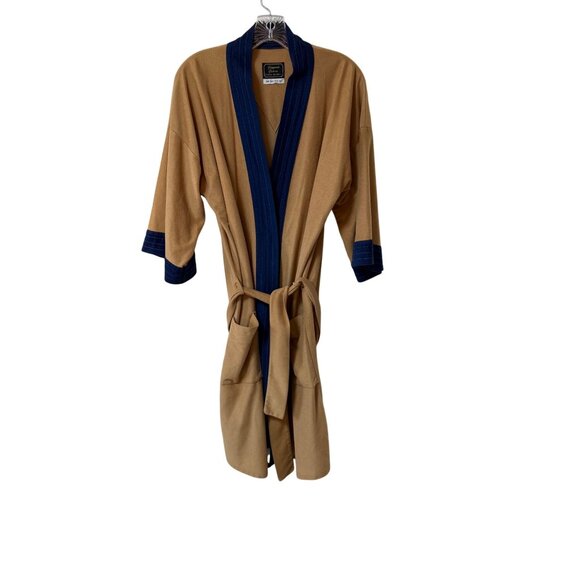 Van Heusen Mens Robe VTG 70s Velour Tan Blue Pockets One Size Swanky Kimono Styl - Picture 12 of 13